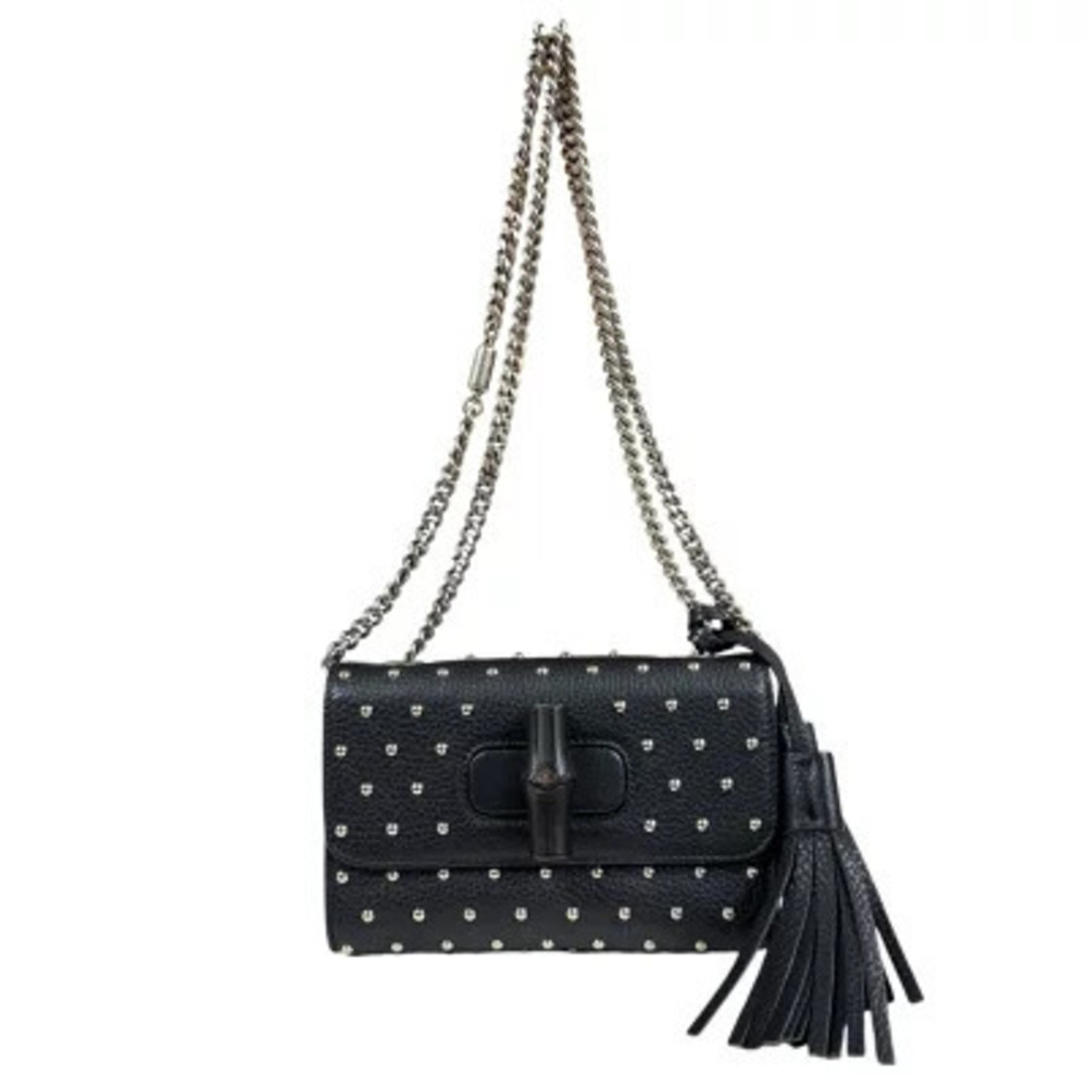 Gucci Studded Bamboo Shoulder Bag Leather Black Chain Tassel